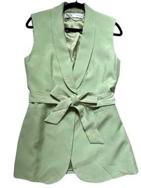 Zara WomenTuxedo Collar Vest Light Sage Green Waist Belt